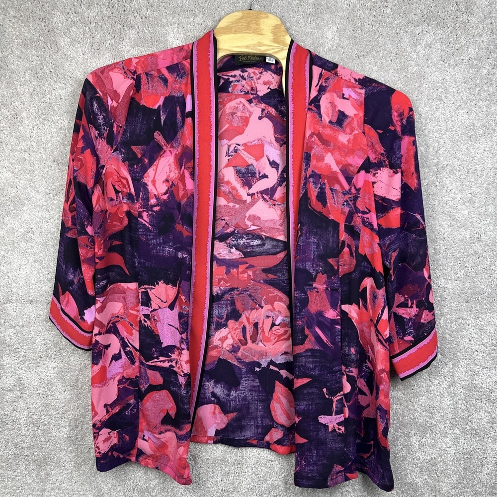 Bob Mackie Wearable Art Kimono Open Front Womens XL Red Pink Watercolor Light